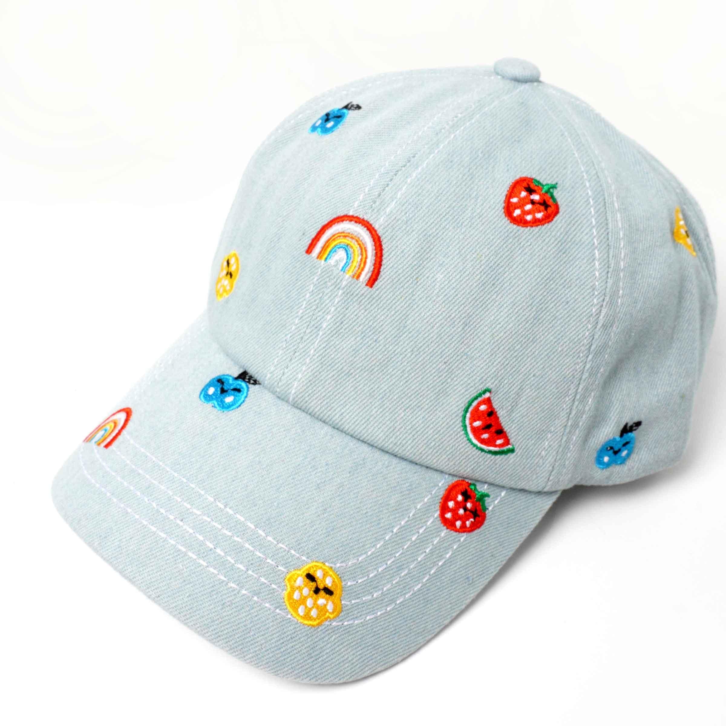Rainbow and Fruits Embroidered Cute Washed Denim Baseball Cap - BUCKET POPCORN