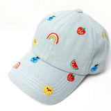 Rainbow and Fruits Embroidered Cute Washed Denim Baseball Cap - BUCKET POPCORN