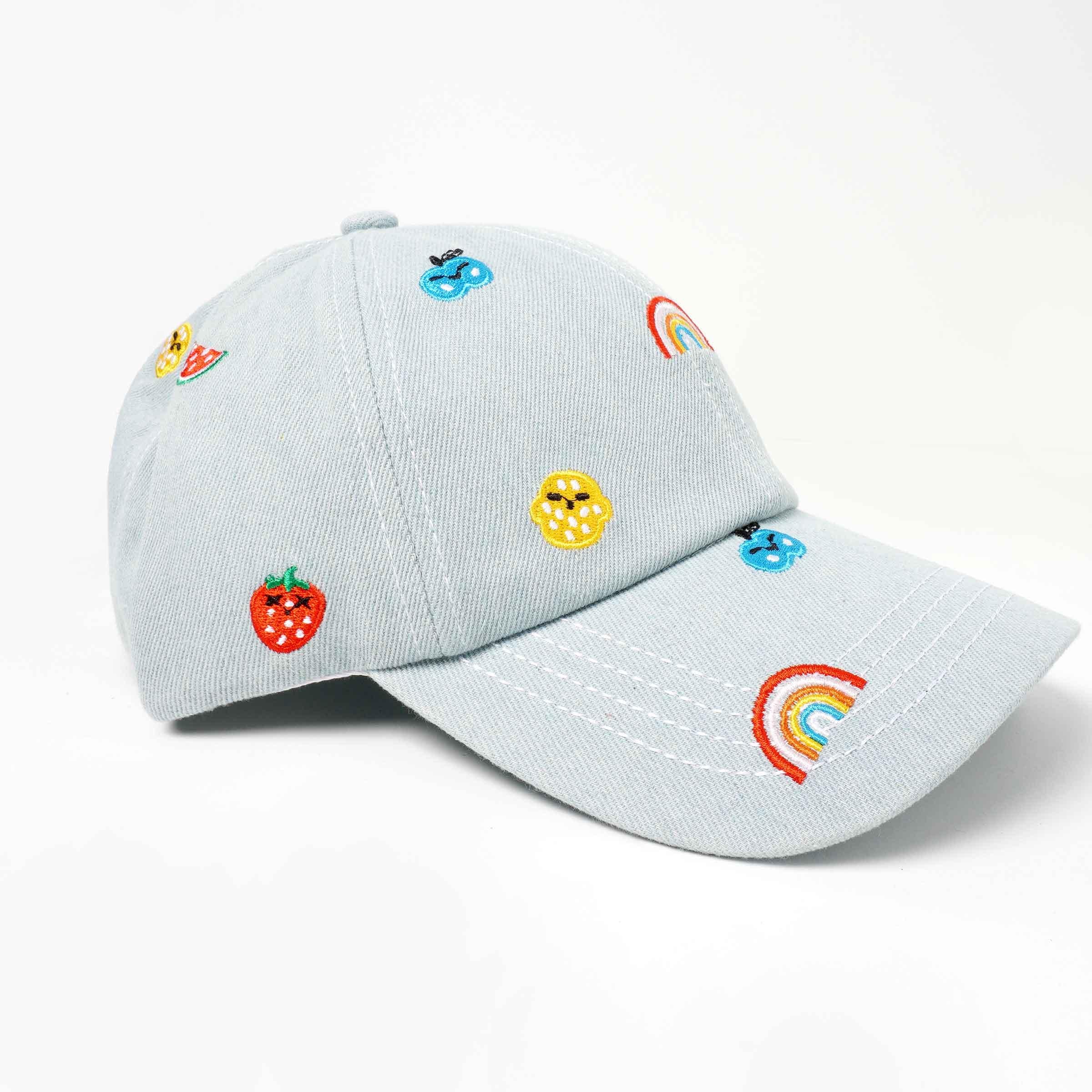 Rainbow and Fruits Embroidered Cute Washed Denim Baseball Cap - BUCKET POPCORN