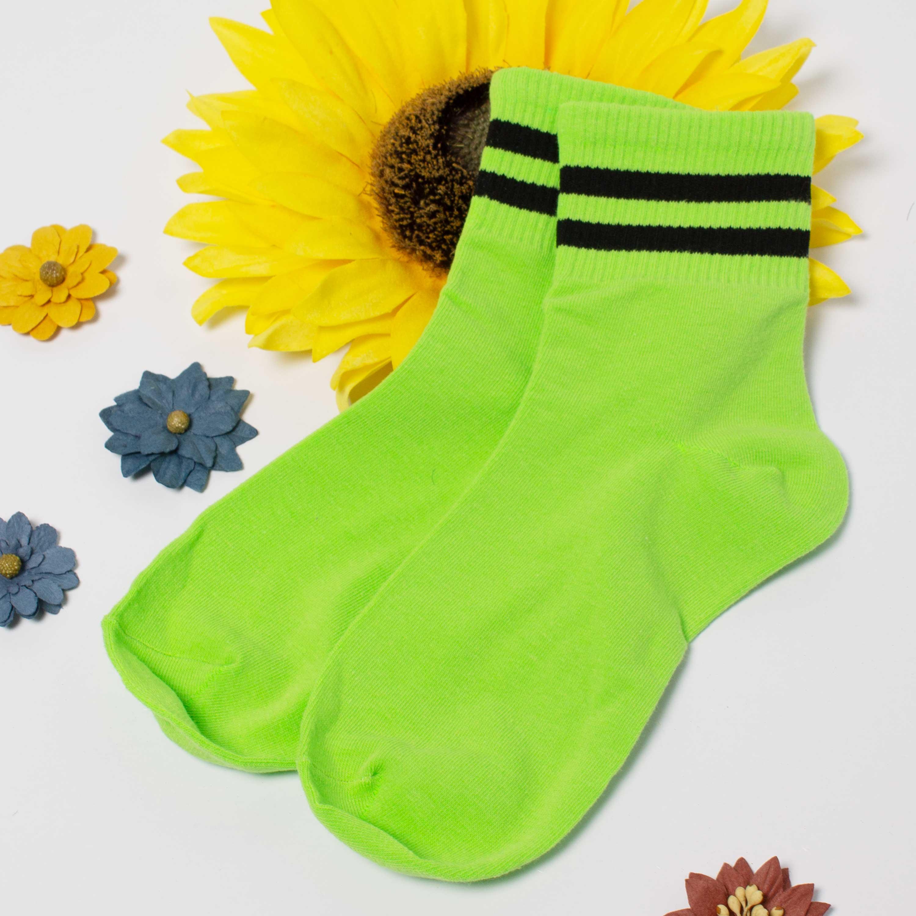Womens Striped Neon Color Cute Crew Socks - BUCKET POPCORN