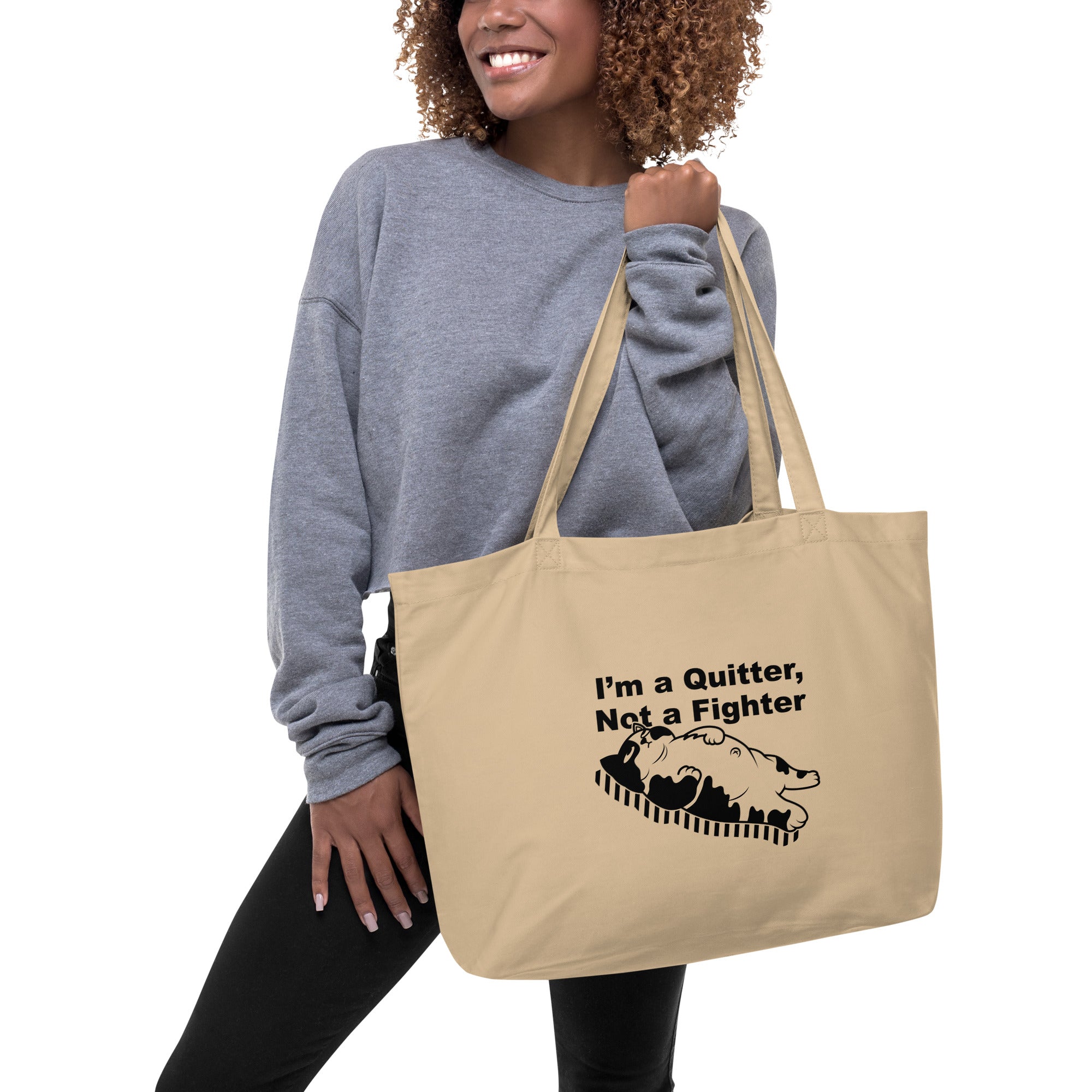Funny "I am a Quitter, Not a Fighter" Cat Large organic tote bag