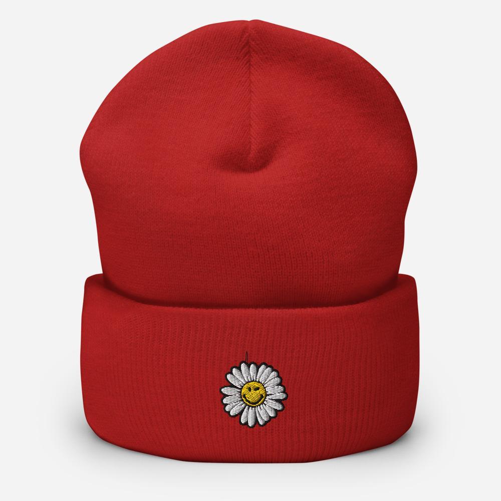 Cute Smiley Face Daisy Embroidered Unisex Cuffed Beanie - BUCKET POPCORN