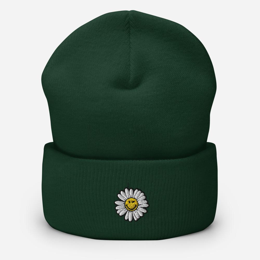 Cute Smiley Face Daisy Embroidered Unisex Cuffed Beanie - BUCKET POPCORN