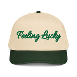 Feeling Lucky Green and Beige Two Tone 3D Embroidered Trucker Cap - St. Patrick's Day Baseball Cap-front view