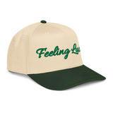 Feeling Lucky Green and Beige Two Tone 3D Embroidered Trucker Cap - St. Patrick's Day Baseball Cap-front view