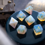 Gemstone Opalite (Gold Font) Hand Carved DND Dice Set