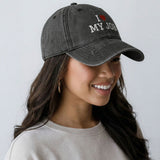 I Love My Job - Unisex Embroidered Washed Denim Baseball Cap - Vintage Cotton Twill Cap - model photo