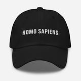 Homo Sapiens-Embroidered Minimalist Unisex Baseball Cap-Adjustable Cotton Dad Hat-black-front view