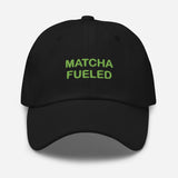 Matcha Fueled-Fun Embroidered Unisex Minimalist Baseball Cap-Adjustable Cotton Dad Hat-black-front view
