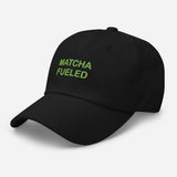 Matcha Fueled-Fun Embroidered Unisex Minimalist Baseball Cap-Adjustable Cotton Dad Hat-black-semi front view