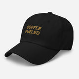 Coffee Fueled-Fun Embroidered Unisex Minimalist Baseball Cap-Adjustable Cotton Dad Hat-black-semi front view