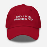 Should've Stayed in Bed-Fun Embroidered Unisex Baseball Cap-Adjustable Cotton Twill Dad Hat-red-front view