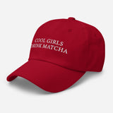 Cool Girls Drink Matcha - Women's Embroidered Matcha Baseball Cap - Adjustable Dad Hat - red -semi front view