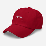 I'm Ok-Embroidered Minimalist Unisex Baseball Cap-Fun Adjustable Cotton Twill Dad Hat-red-semi front view