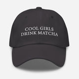 Cool Girls Drink Matcha - Women's Embroidered Matcha Baseball Cap - Adjustable Dad Hat - gray - front view