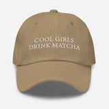 Cool Girls Drink Matcha - Women's Embroidered Matcha Baseball Cap - Adjustable Dad Hat - khaki - front view