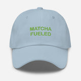 Matcha Fueled-Fun Embroidered Unisex Minimalist Baseball Cap-Adjustable Cotton Dad Hat-light blue-front view