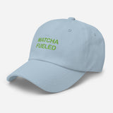 Matcha Fueled-Fun Embroidered Unisex Minimalist Baseball Cap-Adjustable Cotton Dad Hat-light blue-semi front view