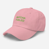 Matcha Fueled-Fun Embroidered Unisex Minimalist Baseball Cap-Adjustable Cotton Dad Hat-pink-semi front view
