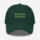 Matcha Fueled-Fun Embroidered Unisex Minimalist Baseball Cap-Adjustable Cotton Dad Hat-green-front view