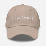 Homo Sapiens-Embroidered Minimalist Unisex Baseball Cap-Adjustable Cotton Dad Hat-beige-front view