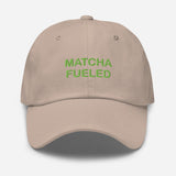 Matcha Fueled-Fun Embroidered Unisex Minimalist Baseball Cap-Adjustable Cotton Dad Hat-beige-front view