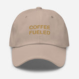 Coffee Fueled-Fun Embroidered Unisex Minimalist Baseball Cap-Adjustable Cotton Dad Hat-beige-front view
