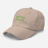 Matcha Fueled-Fun Embroidered Unisex Minimalist Baseball Cap-Adjustable Cotton Dad Hat-beige-semi front view