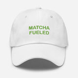 Matcha Fueled-Fun Embroidered Unisex Minimalist Baseball Cap-Adjustable Cotton Dad Hat-white-front view