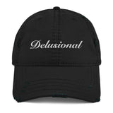 Delusional-Embroidered Unisex Distressed Baseball Cap-Adjustable Cotton Dad Hat-black-front view