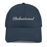 Delusional Embroidered Unisex Distressed Dad HatDelusional-Embroidered Unisex Distressed Baseball Cap-Adjustable Cotton Dad Hat-navy-front view