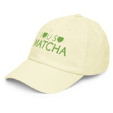 I Love You So Matcha - Women's Pastel Color Embroidered Baseball Cap - yellow -semi front view