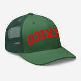 Mexico Upside Down 3D Embroidered Trucker Cap - Unisex Classic Mesh Trucker hat - green semi front view