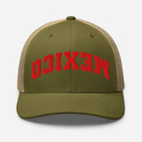 Mexico Upside Down 3D Embroidered Trucker Cap - Unisex Classic Mesh Trucker hat - olive and beige - front view