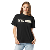 NYC Girl-Women's Short Sleeve Heavyweight Graphic T-shirt-Minimalist Varsity Font Tee-black-model photo