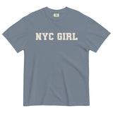 NYC Girl-Women's Short Sleeve Heavyweight Graphic T-shirt-Minimalist Varsity Font Tee-blue jean-front view