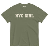 NYC Girl-Women's Short Sleeve Heavyweight Graphic T-shirt-Minimalist Varsity Font Tee-moss green-front view