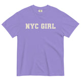 NYC Girl-Women's Short Sleeve Heavyweight Graphic T-shirt-Minimalist Varsity Font Tee-violet purple-front view