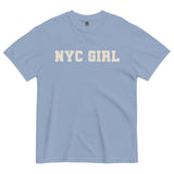 NYC Girl-Women's Short Sleeve Heavyweight Graphic T-shirt-Minimalist Varsity Font Tee-washed denim blue-front view