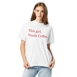 This Girl Needs Coffee-Women's Short Sleeve Heavyweight Graphic T-shirt-Fun Minimalist Tee-white-model photo