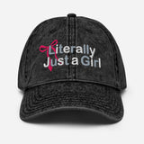 Literally Just a Girl - Cute Girly Bow Embroidered Baseball Cap - Women's Vintage Washed Cotton Twill Cap - Black - front view