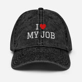I Love My Job - Unisex Embroidered Washed Denim Baseball Cap - Vintage Cotton Twill Cap - black - front view