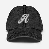 A as in Alex - Customized 3D Puff Embroidered Initial Baseball Cap - Unisex Vintage Wash Cotton Twill Cap - black - front view
