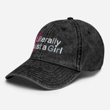 Literally Just a Girl - Cute Girly Bow Embroidered Baseball Cap - Women's Vintage Washed Cotton Twill Cap- black - semi front view