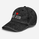 I Love My Job - Unisex Embroidered Washed Denim Baseball Cap - Vintage Cotton Twill Cap - front - semi front view