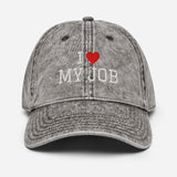 I Love My Job - Unisex Embroidered Washed Denim Baseball Cap - Vintage Cotton Twill Cap - charcoal - front view