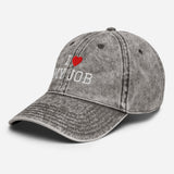 I Love My Job - Unisex Embroidered Washed Denim Baseball Cap - Vintage Cotton Twill Cap - charcoal - semi front view