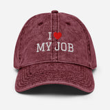 I Love My Job - Unisex Embroidered Washed Denim Baseball Cap - Vintage Cotton Twill Cap - maroon - front view