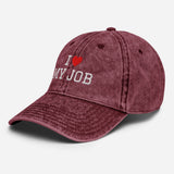 I Love My Job - Unisex Embroidered Washed Denim Baseball Cap - Vintage Cotton Twill Cap - maroon - semi front view