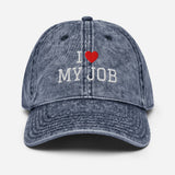 I Love My Job - Unisex Embroidered Washed Denim Baseball Cap - Vintage Cotton Twill Cap - navy - front view
